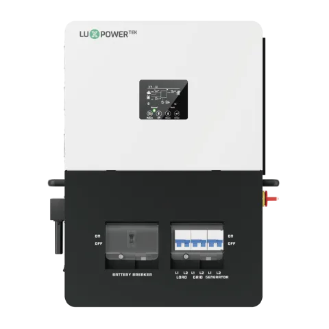 Inversor cargador de 6 kW con interruptores integrados. Split phase 120/240V compatible con baterías LUX PGEM y PYLONTECH LV. Admite conexión en paralelo hasta 16 unidades.