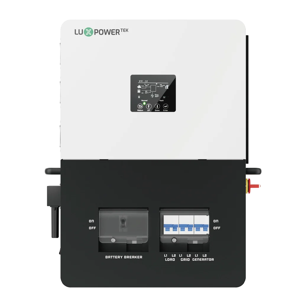 Inversor cargador de 6 kW con interruptores integrados. Split phase 120/240V compatible con baterías LUX PGEM y PYLONTECH LV. Admite conexión en paralelo hasta 16 unidades.