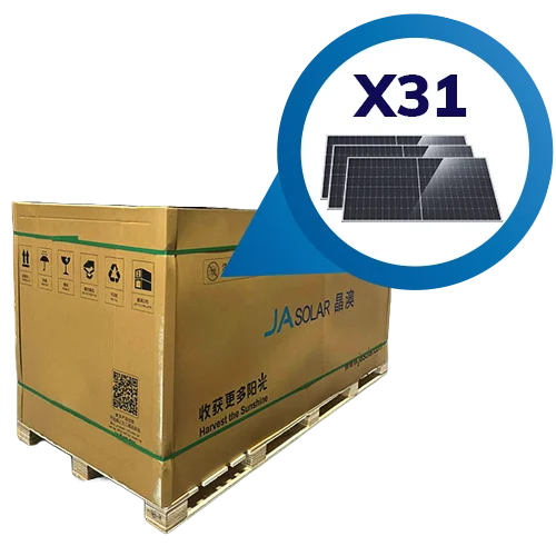 Pallet con 31 piezas de panel Solar JA Solar N-Type Bifacial de 645W